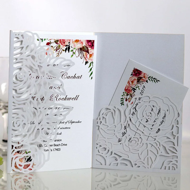 50Pcs Laser Cut Hollowed Roses Leaf Wedding Invitation Card Covers Business Birthday Cards Paper Card Party Decorations Supply