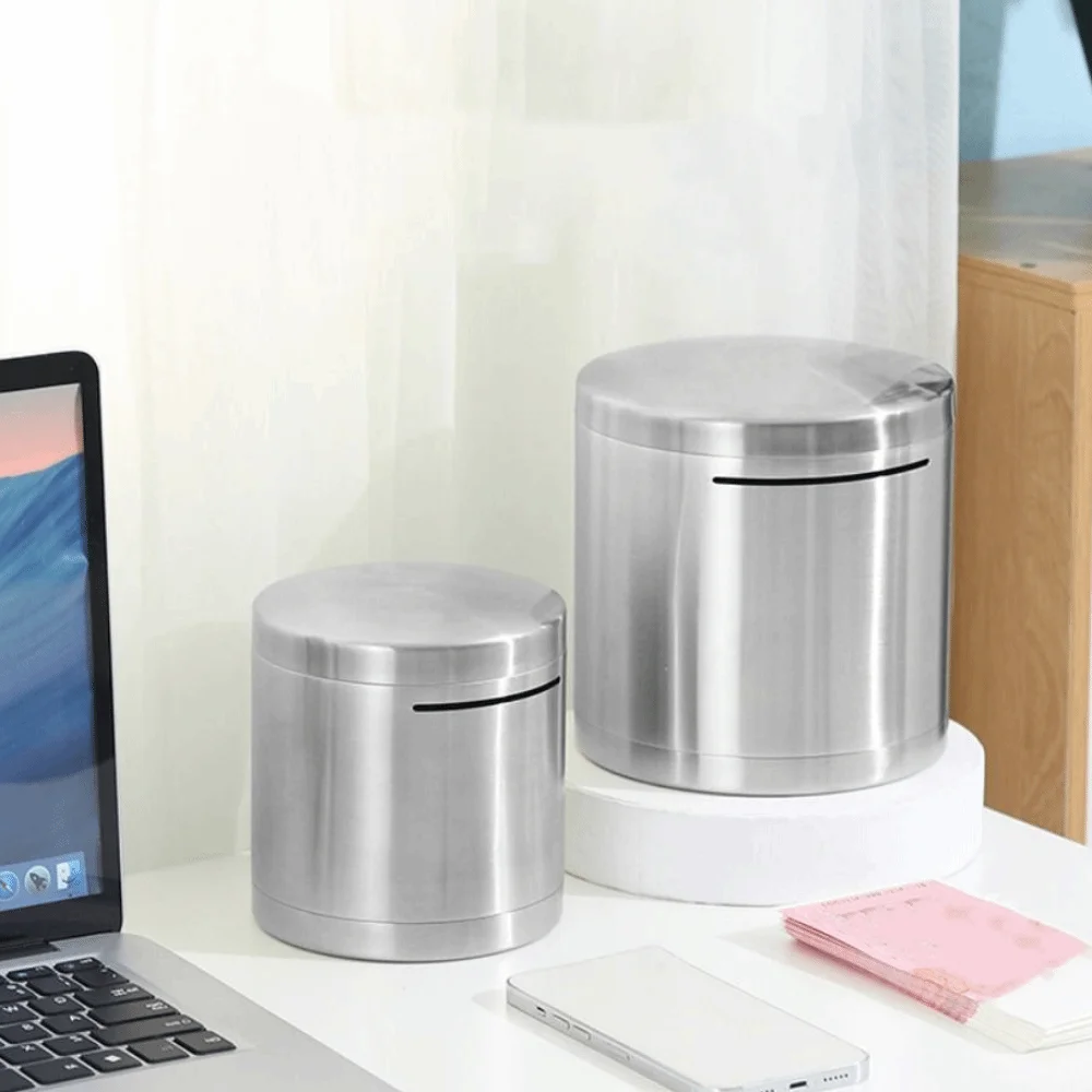 

Home Decoration Stainless Steel Piggy Bank Large Capacity Durable Coin Storage Box Cylindrical Type Coin Bank Adult Saving
