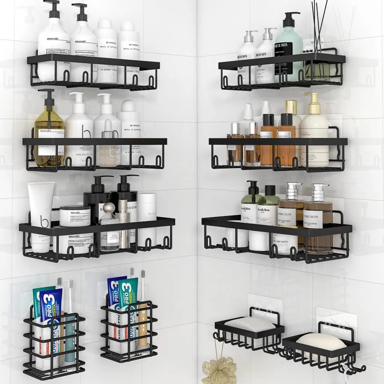 

10-Pack Self-Adhesive Shower Caddy Organizer, Rustproof Stainless Steel Bathroom Storage Shelf Set in Black