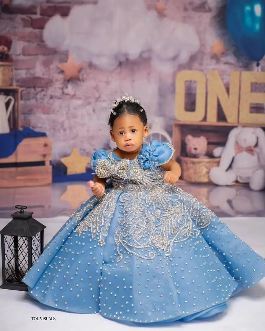 Luxury Sky Blue Girls Birthday Dress Customized Beading Bow Flower Girl Dresses Queen Ball Gowns for Wedding Party