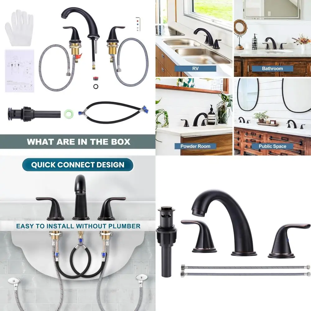 

Oil Rubbed Bronze 3-Hole Widespread Sink Faucet with Pop-Up Drain and Lead-Free Stainless Steel Hose