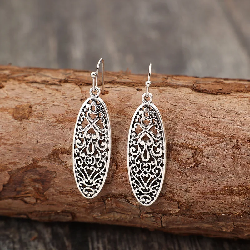 Ethnic Silver Color Geometry Earrings Vintage Bohemian Metal Carving Pattern Hollow Dangle Earrings for Women Jewelry