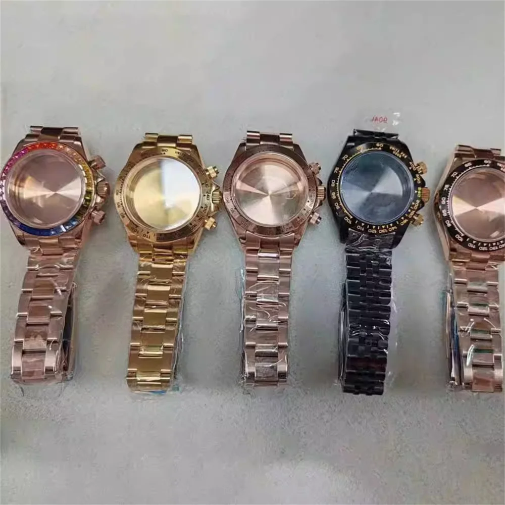39mm VK63 Case Bracelet Set, Sapphire Glass Stainless Steel Watch Case + Strap for VK63 Quartz Movement Watch Shell Watchbands