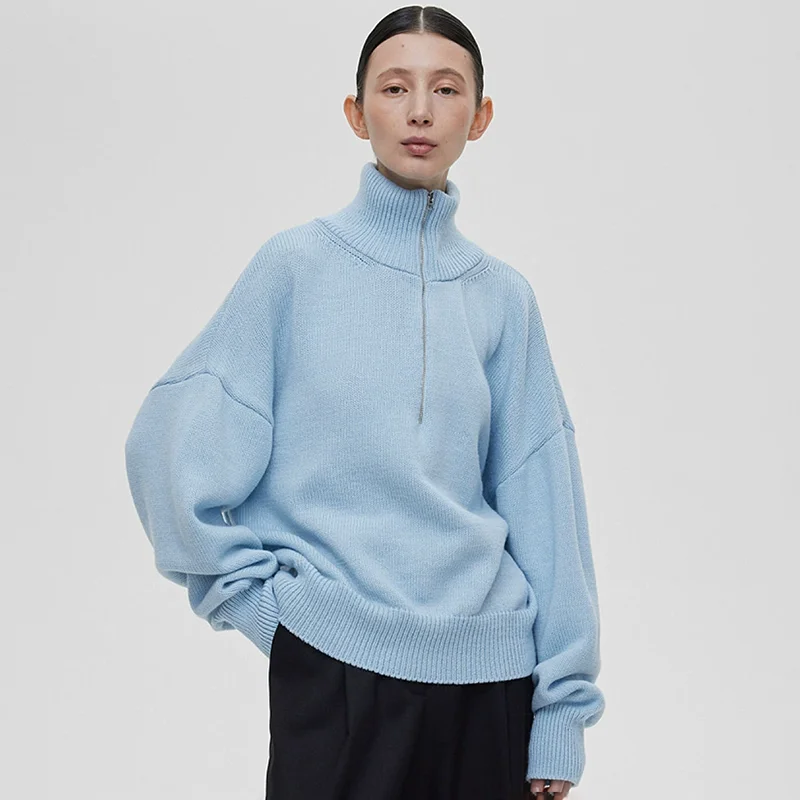 

TARUXY Autumn New Stand Collar Zipper Knitted Sweater Women's Solid Loose Casual Pullover Sweater Long Sleeve 2025 New Outfits