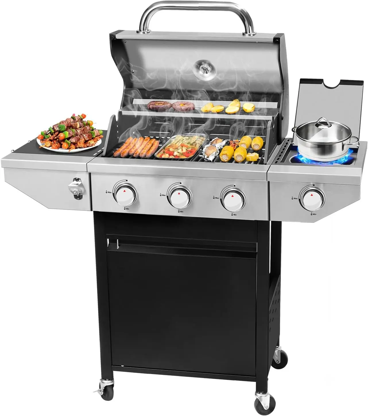 3-pits propaangas BBQ-grill met zijbrander en porseleinen gegoten gietijzeren roosters Ingebouwde thermometer, 37.000 BTU O