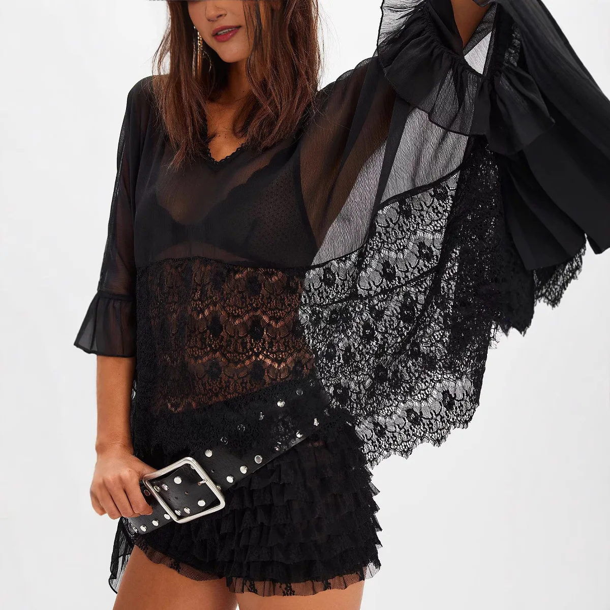 Verão feminino morcego sve retalhos renda irt redondo ne sete sve cor outro material 00% cobrir irt