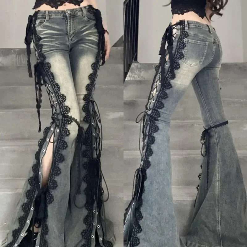 

Y2K Панк Кружевные ремешки Сплит Джинсы Женские Лето Американский Ретро Плюс Размер Девушка Микро Расклешенные Полочные Брюки Свободные Широкие Брюки Новые