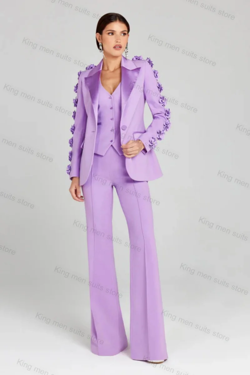 

3 Piece Purple Women Suit Pants Set Blazer+Vest+Trousers Custom Size 3D Flower Formal Office Lady Wedding Tuxedos Jacket Coat