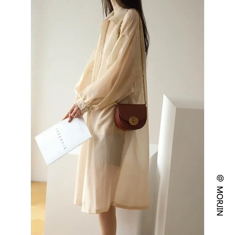 

Women's Summer Lightweight Long Sleeve Sun Protection Shirt Gentle Style Loose Outerwear Mid-Length Collar Button Detail