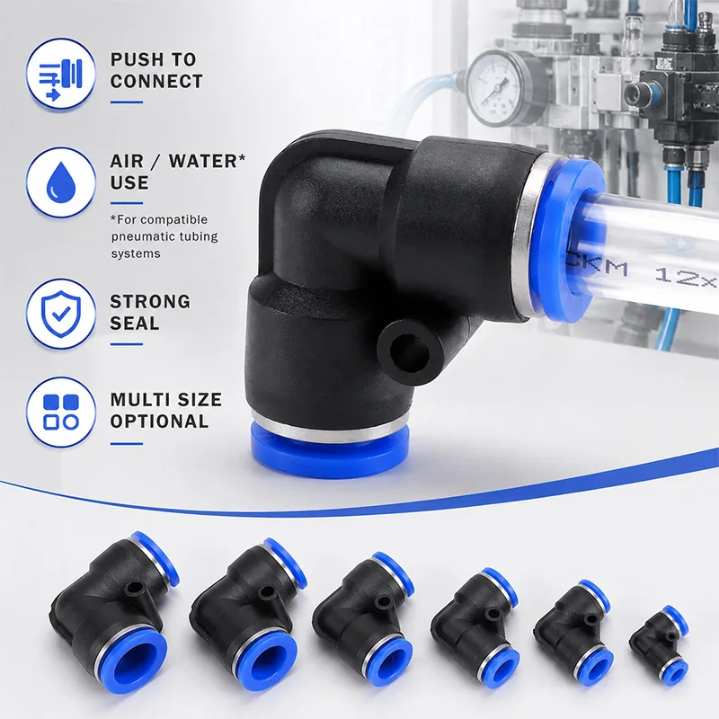 20 100 500 1000PCS PV Pneumatic Push In Elbow Union Connector 4 6 8 10 12 14 16mm Air Water Hose Tube Quick Fitting Plastic Pipe
