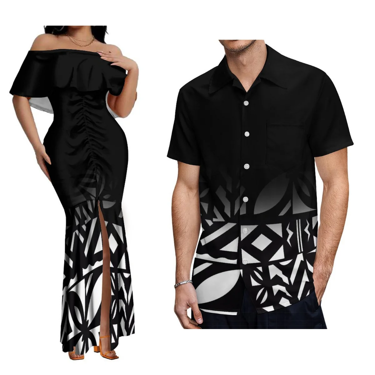 2024 New Hawaiian Gradient Polynesian Island Couple Set Women'S Off-The-Shoulder Dress Party Fishtail Skirt With Men'S Shirt