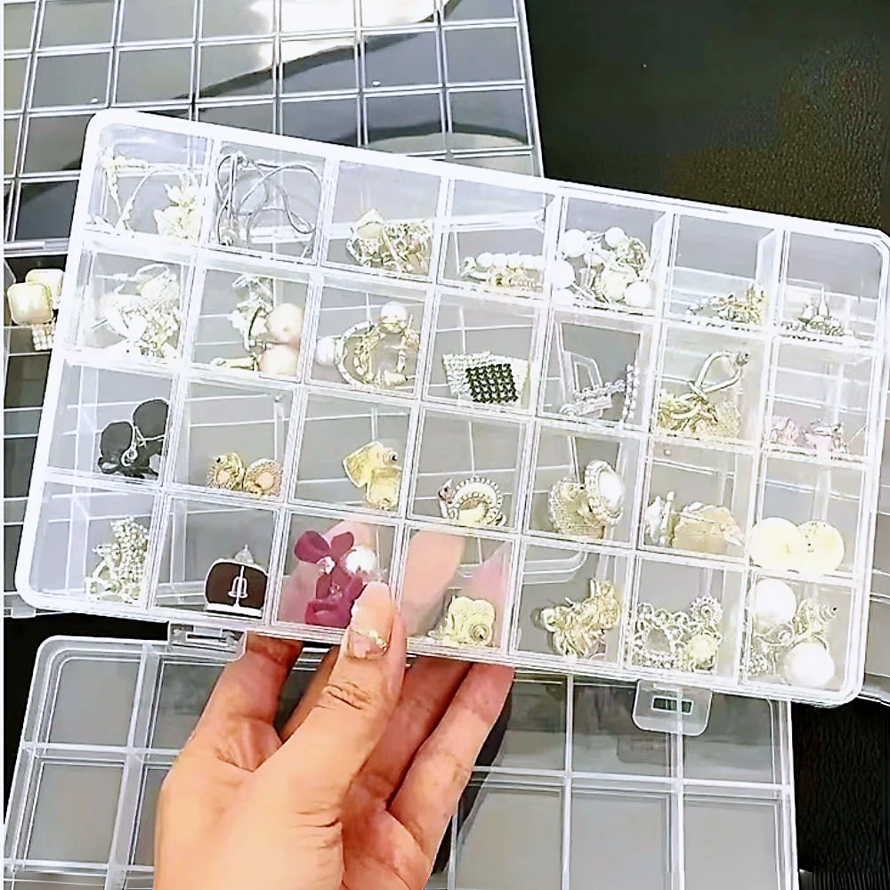 透明なプラスチック製のポータブル収納ボックス,DIYビーズ,リング,イヤリング,ネックレス,ジュエリーパッケージを整理するための28の固定グリッド,1個