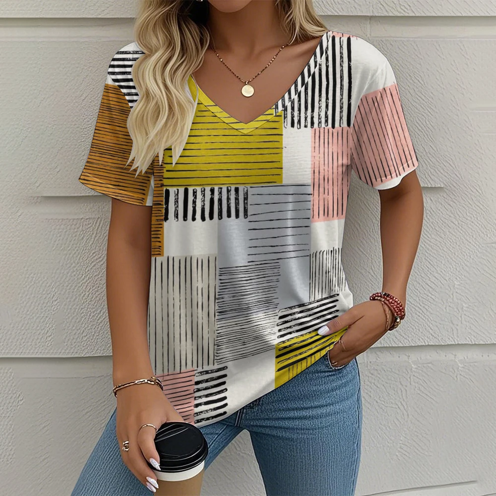 Colorful Plaid 3D Print T Shirt For Women Fashion V-neck Short Sleeve Tee Summer Casual Versatile Tops Oversized Female Clothing