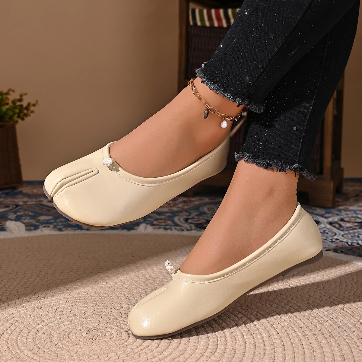 Damen Leder-Zehentrenner-Loafer Flache Bequeme Slip-On Atmungsaktive Freizeitschuhe ​ Größe 35-42 – Detail 11