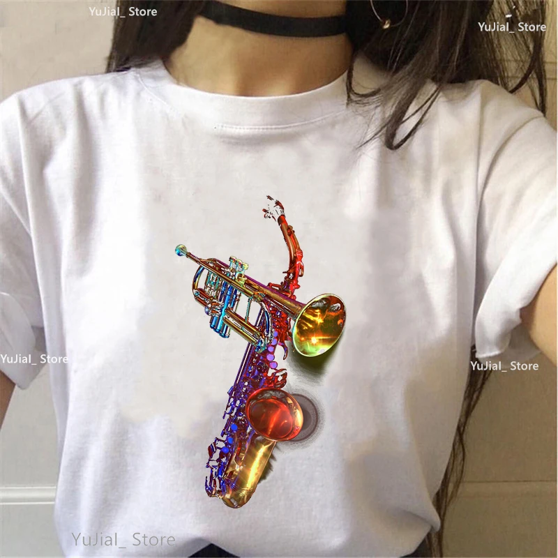 

Saxophone And Trumpet Print Tshirt Women'S Clothing Funny White T Shirt Femme Harajuku Shirt Summer Fashion Female T-Shirt Tops