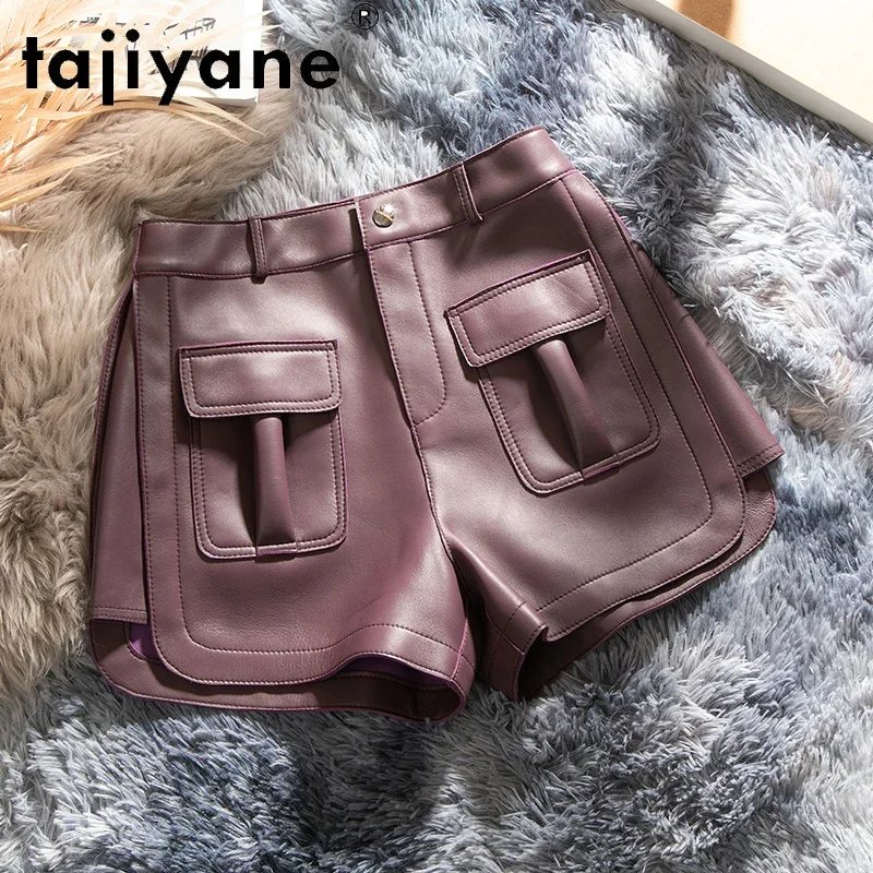 Tajiyane letnie spodenki damskie prawdziwa skóra owcza spodnie szerokie nogawki Oversize spodenki z prawdziwej skóry kobiece Mujer Pantalones TN2361