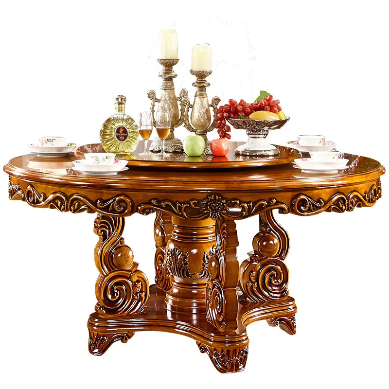 

Solid wood carving flower dining table Electric with turntable Household American marble dining table