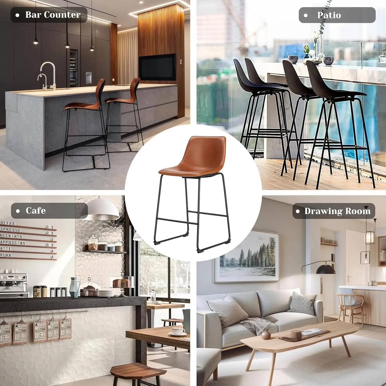 Counter Height Bar Stools Set of 2, 26 inch Leather Barstools Modern Bar Stools with Back