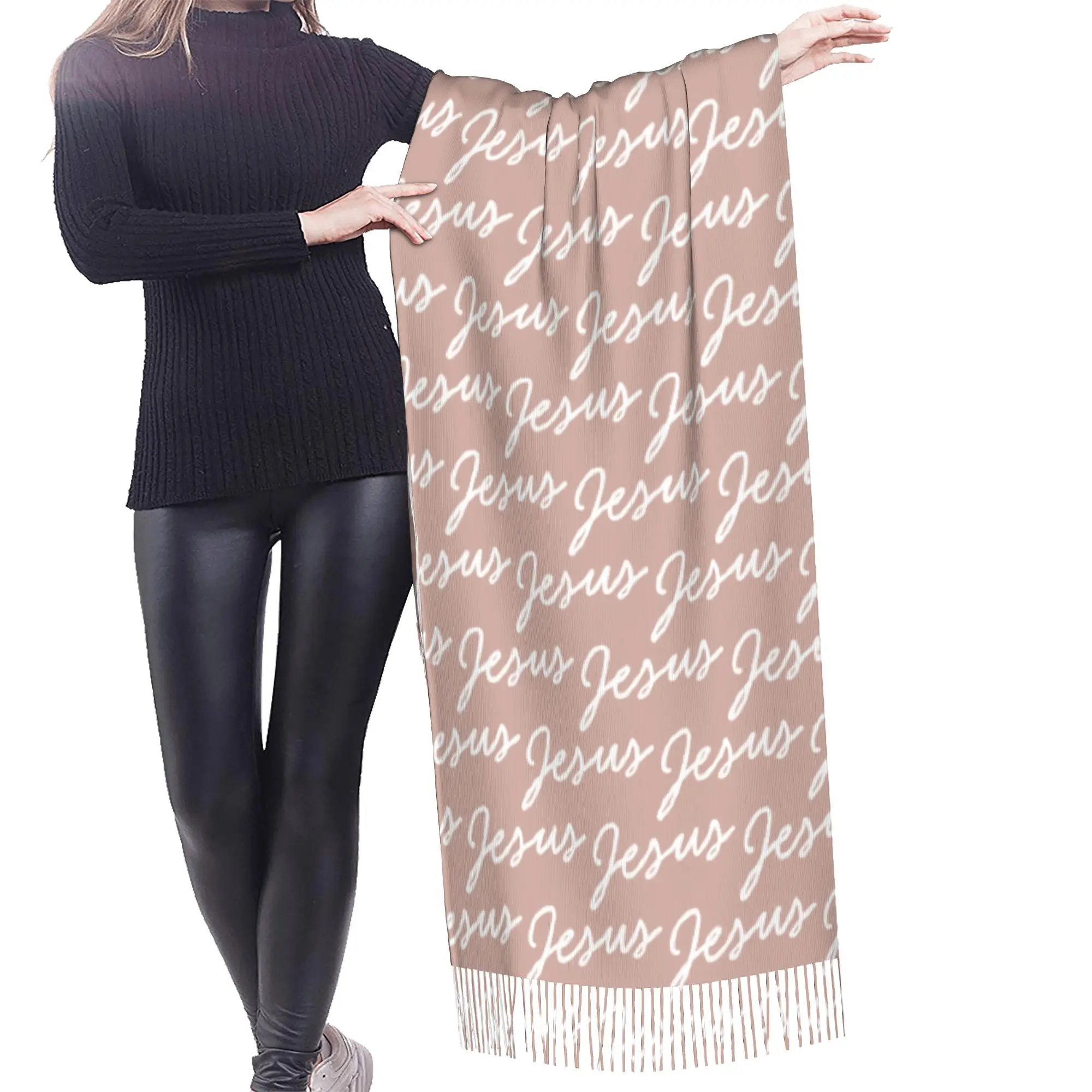 Custom Female Large Jesus Christ Religious Scarves Women Winter Thick Warm Tassel Shawl Wraps  Scarf