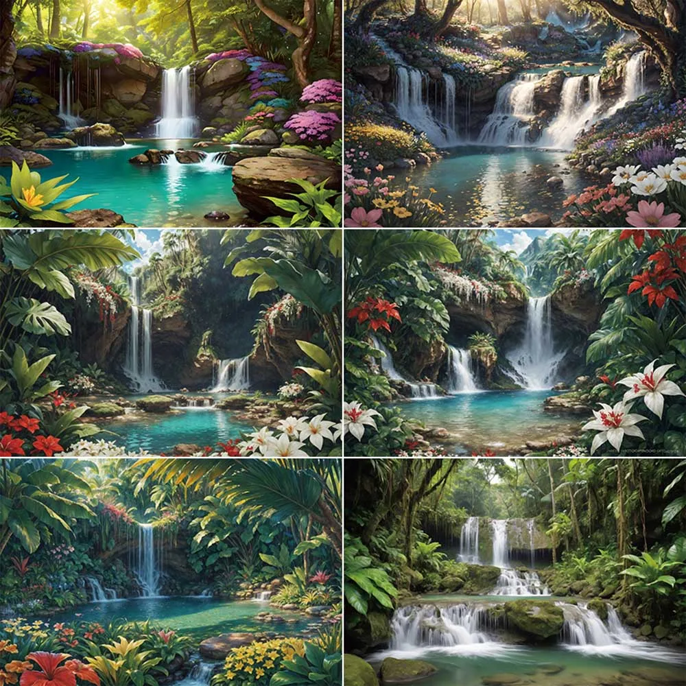 

MOON.QG Summer Green Rainforest Backdrop for Photography Tropical Jungle Waterfall Photocall Background Holiday Photoshoot Props