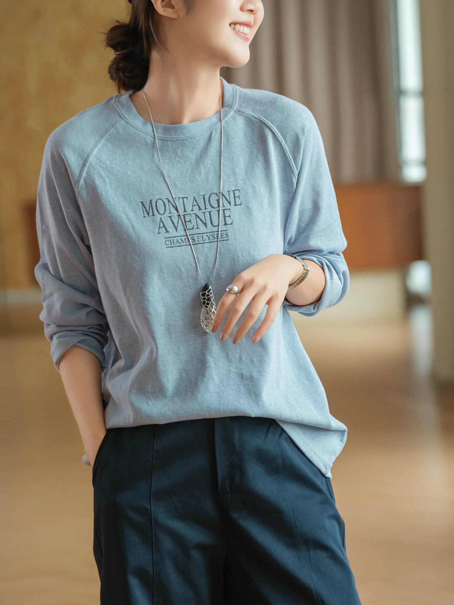 Snowflake Cotton Long Sleeve T-Shirt by Little Ear Production Vintage Combed Cotton Print Shoulder Sleeve Loose Fit Casual We...