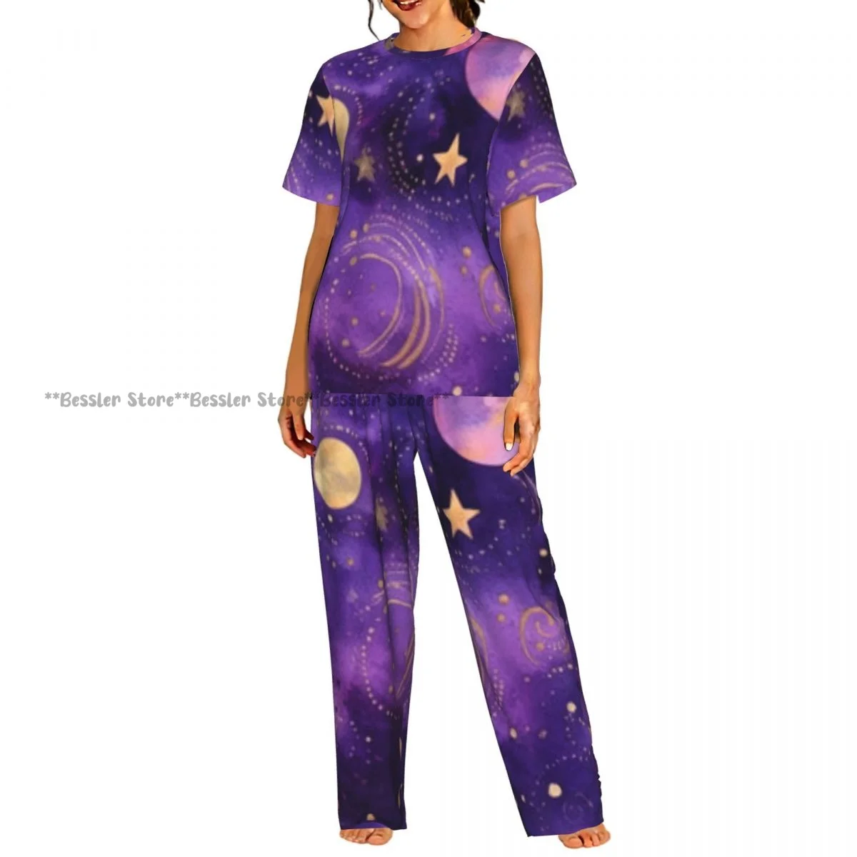 Conjunto de 2 piezas para mujer, pijamas con estrellas y planetas dorados, top de manga corta y pantalones, ropa de dormir