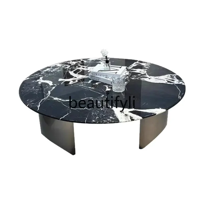 53 Italian Minimalist Designer Natural Luxury Stone Black Rose Round Coffee Table Marble Coffee Table