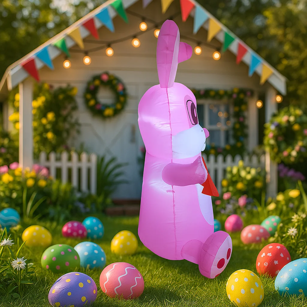 Wesołych Świąt Wielkanocnych! Nadmuchiwane zabawki 1,5 m / 5 stóp Różowy Królik Baner Dekoracyjny z Wbudowanym Oświetleniem LED Model Ozdoba na Zewnątrz do Ogrodu na Imprezę