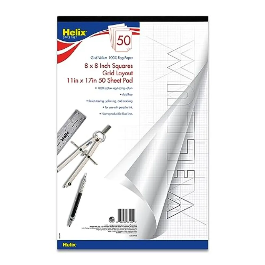 

Блокнот для рисования Heli - 0% Rag Vellum Paper Pad - с сеткой 1 дюйм (2,54 см) - 50 листов - безкислотная бумага - для черчения, рисования и копирования