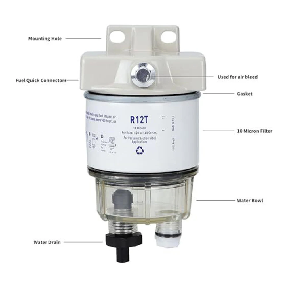 R12T Fuel Filter Water Separator Kit for 38 Inch NPT Outboard Motors with Self Venting Drain and Reusable Collection Bowl