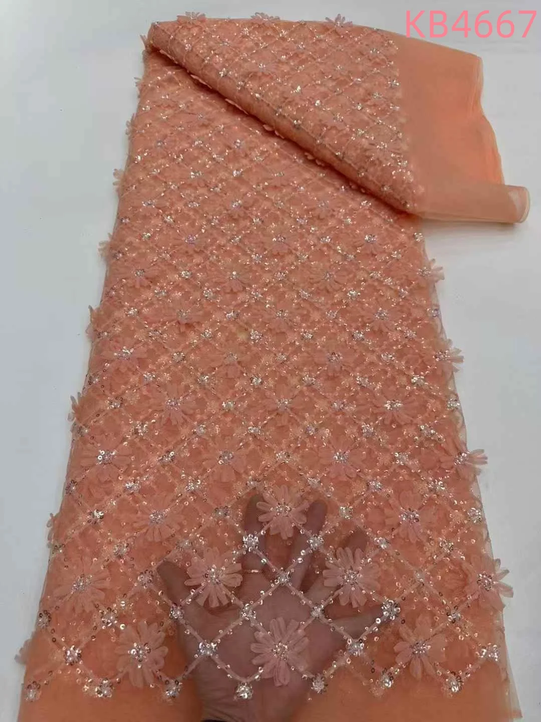 

5 Yards 3D Flower Beads Tulle Lace Fabric African Fabric Lace High Quality 2025 3D Floral Lace Fabric Sequins For Sewing KB4667
