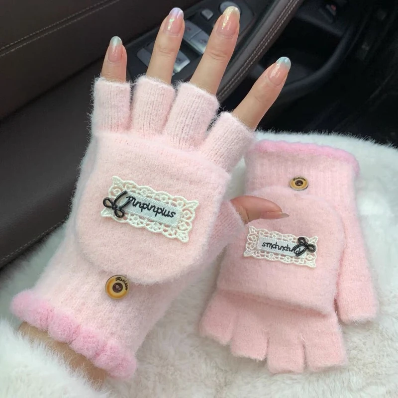 Women's Winter Gloves with Faux Fur Flip Cover, Touchscreen Half-Finger Thermal Knitted Gloves for Writing, Cycling, Teens and A