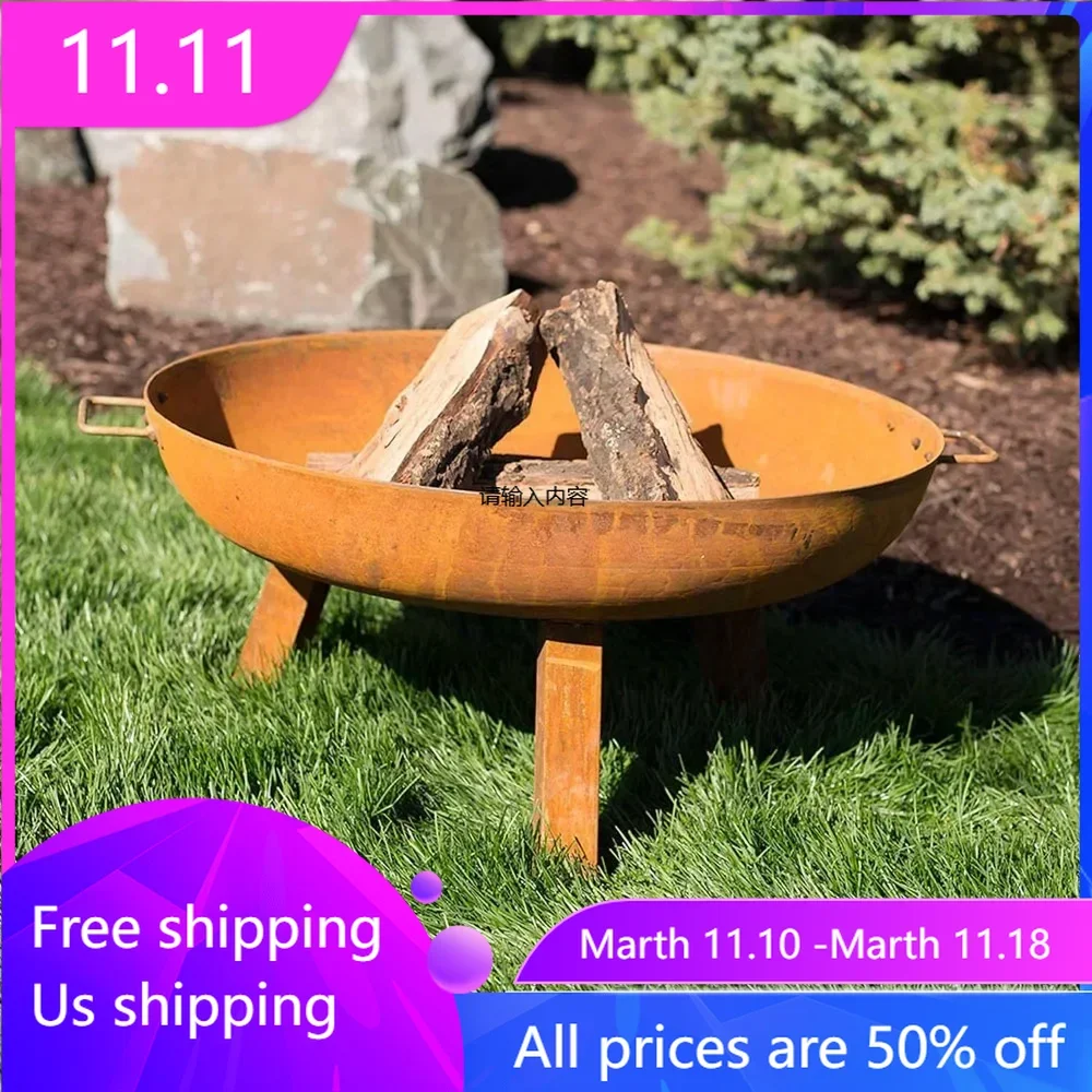 30 inch rural cast iron outdoor raised fire pit bowl with handle - oxidation treatment, suitable for outdoor use