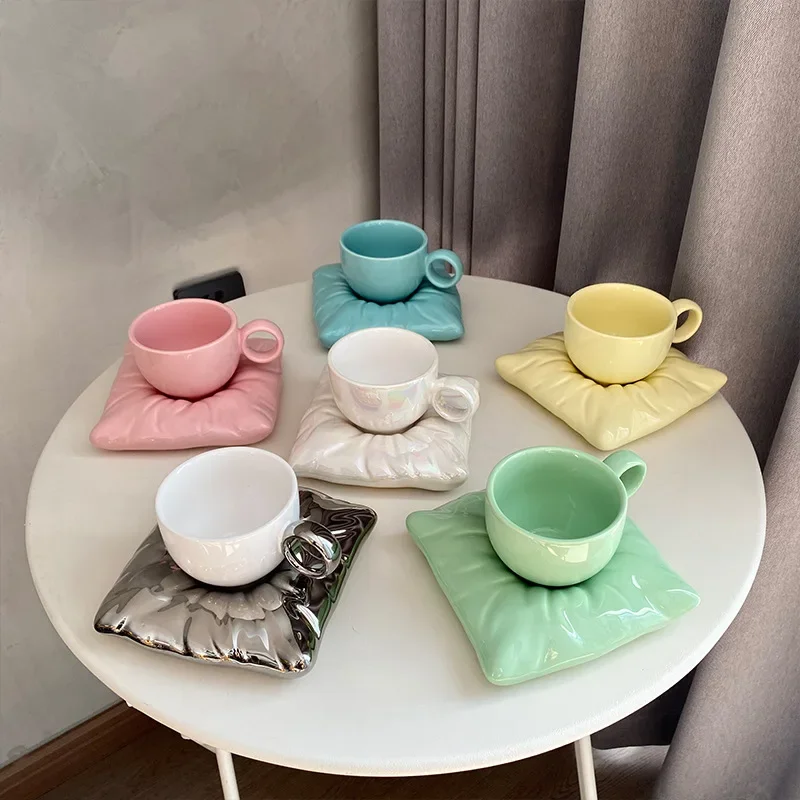 Ins Girl Heart Creative Solid Dazzle Color Milk Fat Pillow Shape Ceramic Coffee Cup Dish Set Makaron Afternoon Tea Cup Dish