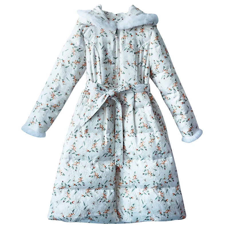 AIGYPTOS-Chaqueta de plumas con capucha para mujer, abrigo grueso y cálido con estampado Floral, Jacquard blanco, elegante, Coreano