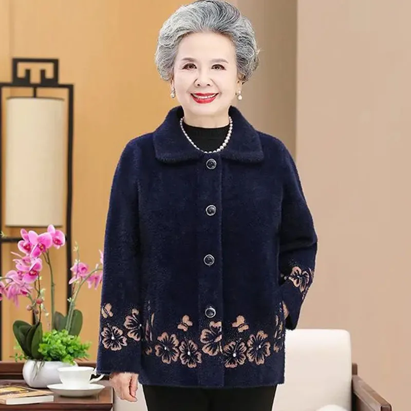 Elderly People Autumn Winter Coat Large Size Grandma\'s Imitation Mink Velvet Sweater Women\'s Knitted Cardigan Jacket Mother Tops