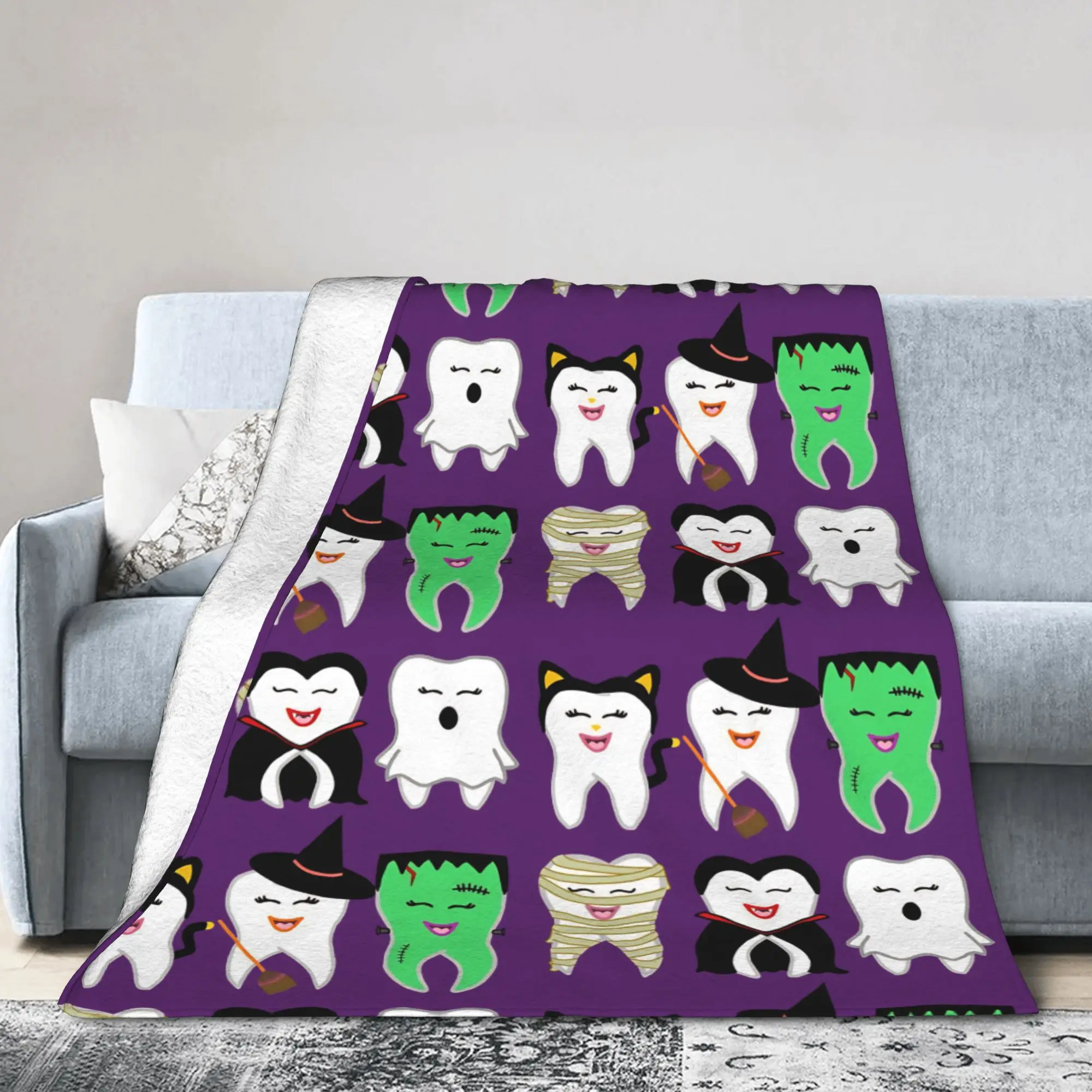 Teeth Art Blanket Fleece Spring/Autumn Cartoon Teeth Helloween Breathable Super Warm Throw Blanket for Bedding Bedroom Bedspread