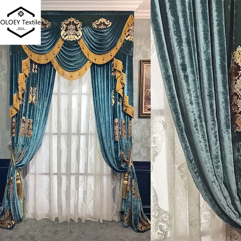

Customized Blue Gilded Embroidered Velvet Fabric for Palaces Curtains for Living Rooms Bedrooms Villas High Window Screens Tulle