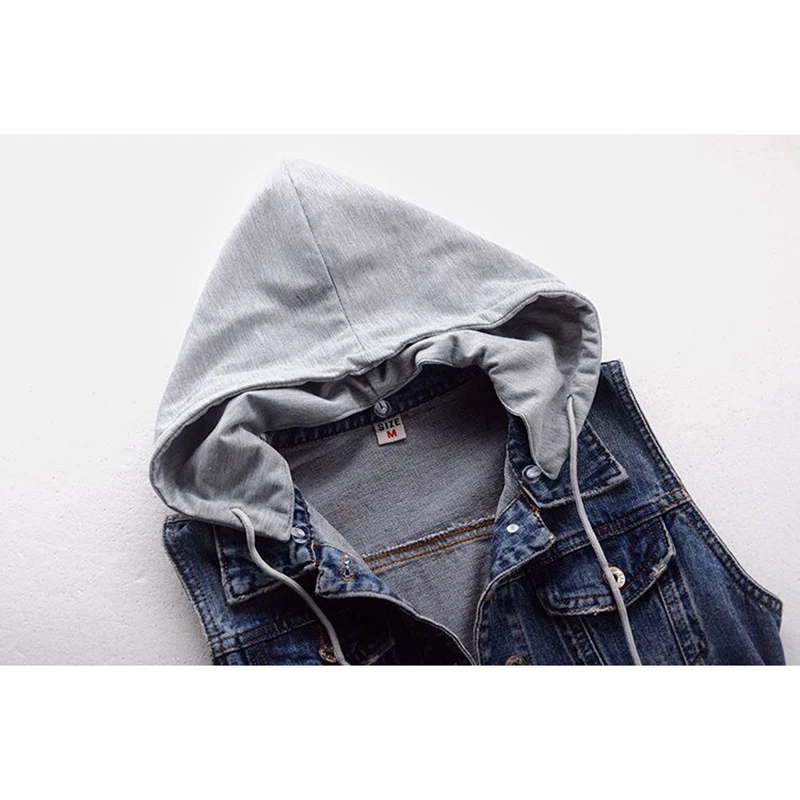 Detachable Hooded Pocket Denim Vest Women Loose Short Cowboy Waistcoat Spring Vintage Blue Sleeveless Jeans Jacket Coat Female