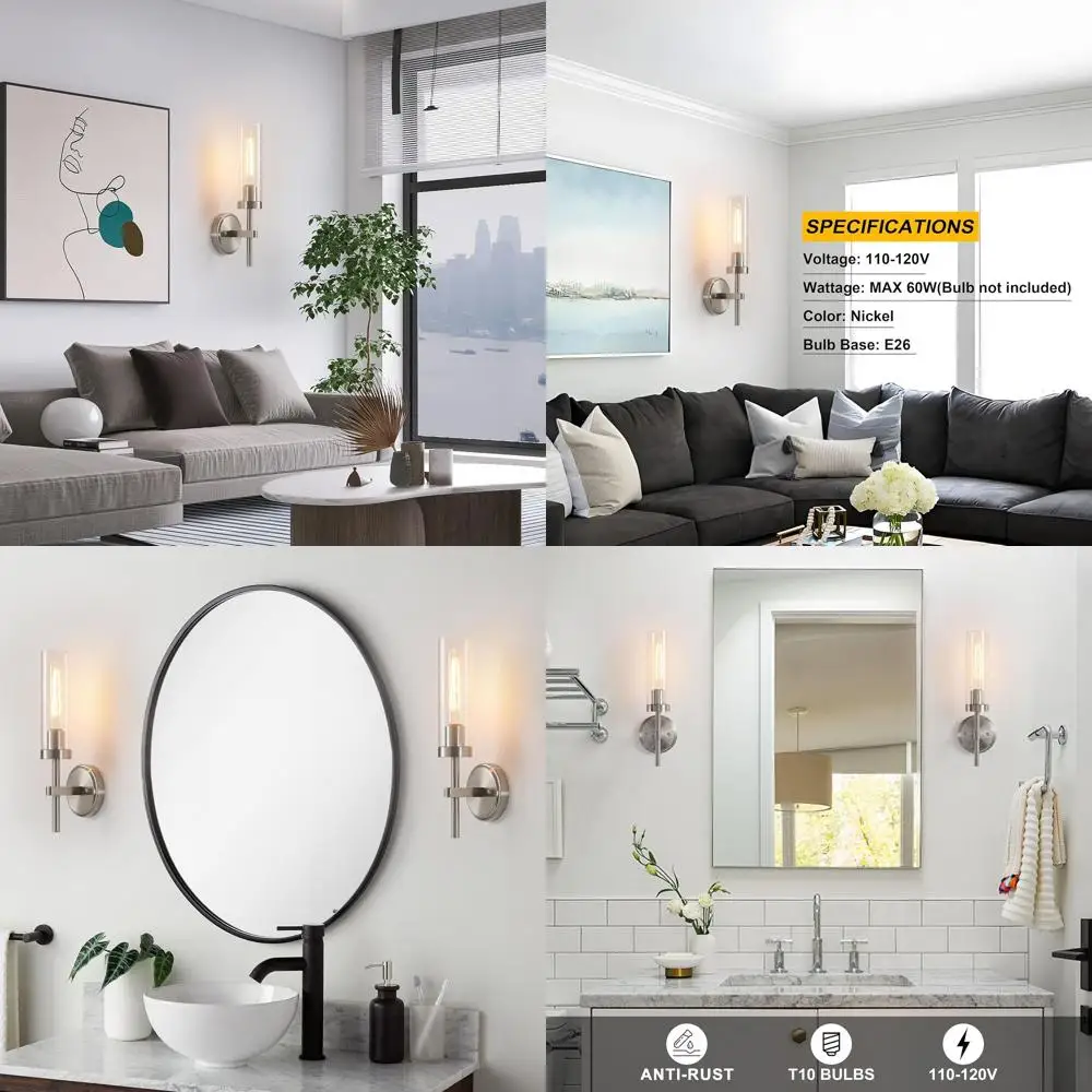 

Пара современных настенных бра из матового никеля с прозрачным стеклом для ванной комнаты, гостиной и спальни