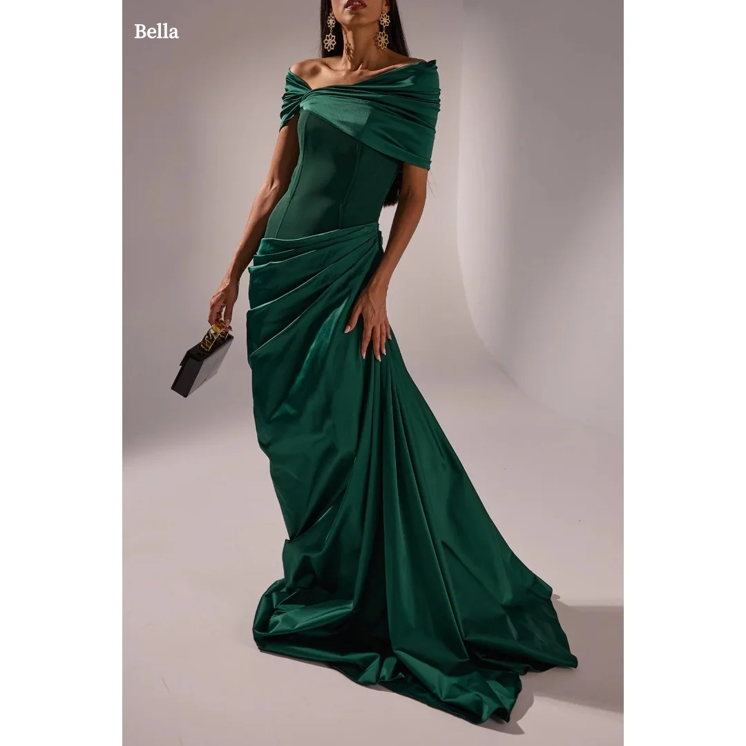 

Bella Customized Dark Green Off-the-Shoulder Prom Dress Satin Ruched Floor-Length Train Gown robes de soirée Party Dresses 2025