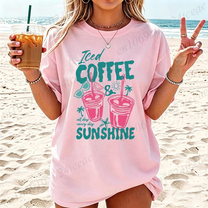 Summer New Fashion T-Shirts Coffee Graphic Women's T-Shirt Sunshine Beach Graphic Clothing Cute Drink Aesthetic Women Tee Tops