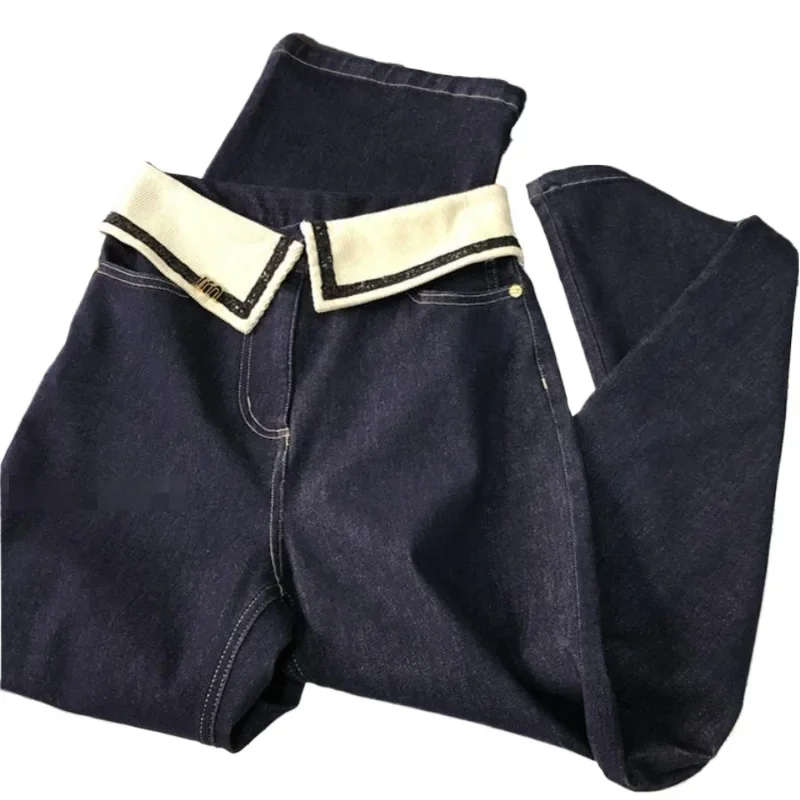 Pop primavera nova moda feminina calças jeans com design exclusivo gola cintura diariamente versátil denim calças de perna larga denim chão pant