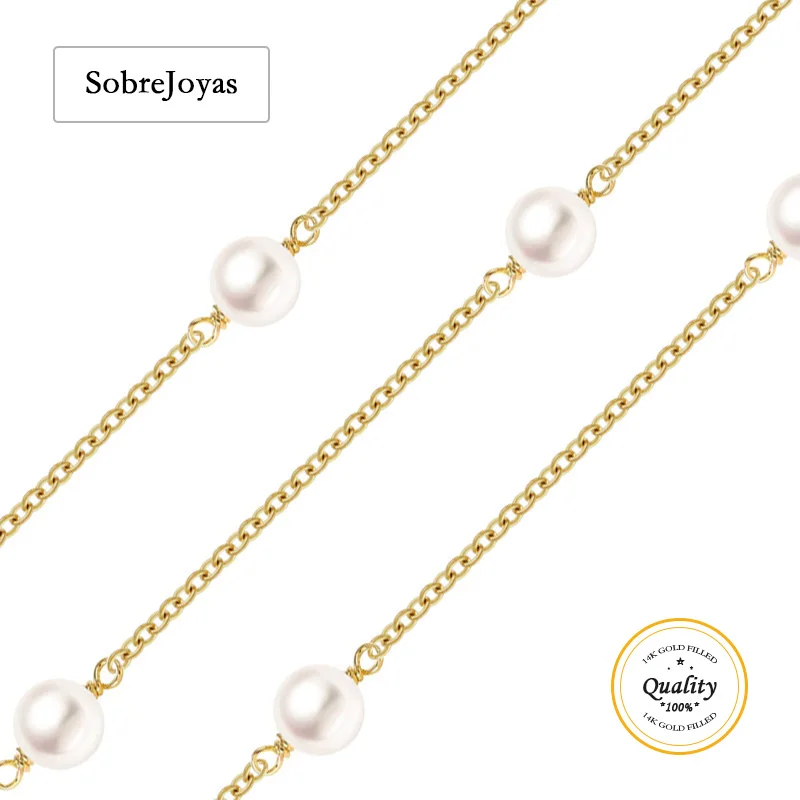 14K Gold Filled Pearl Chain, White Pearl Chain, Bulk Chain, Beaded Chain, DIY Necklace  Unfinished Chain, 1 Meter for Sale