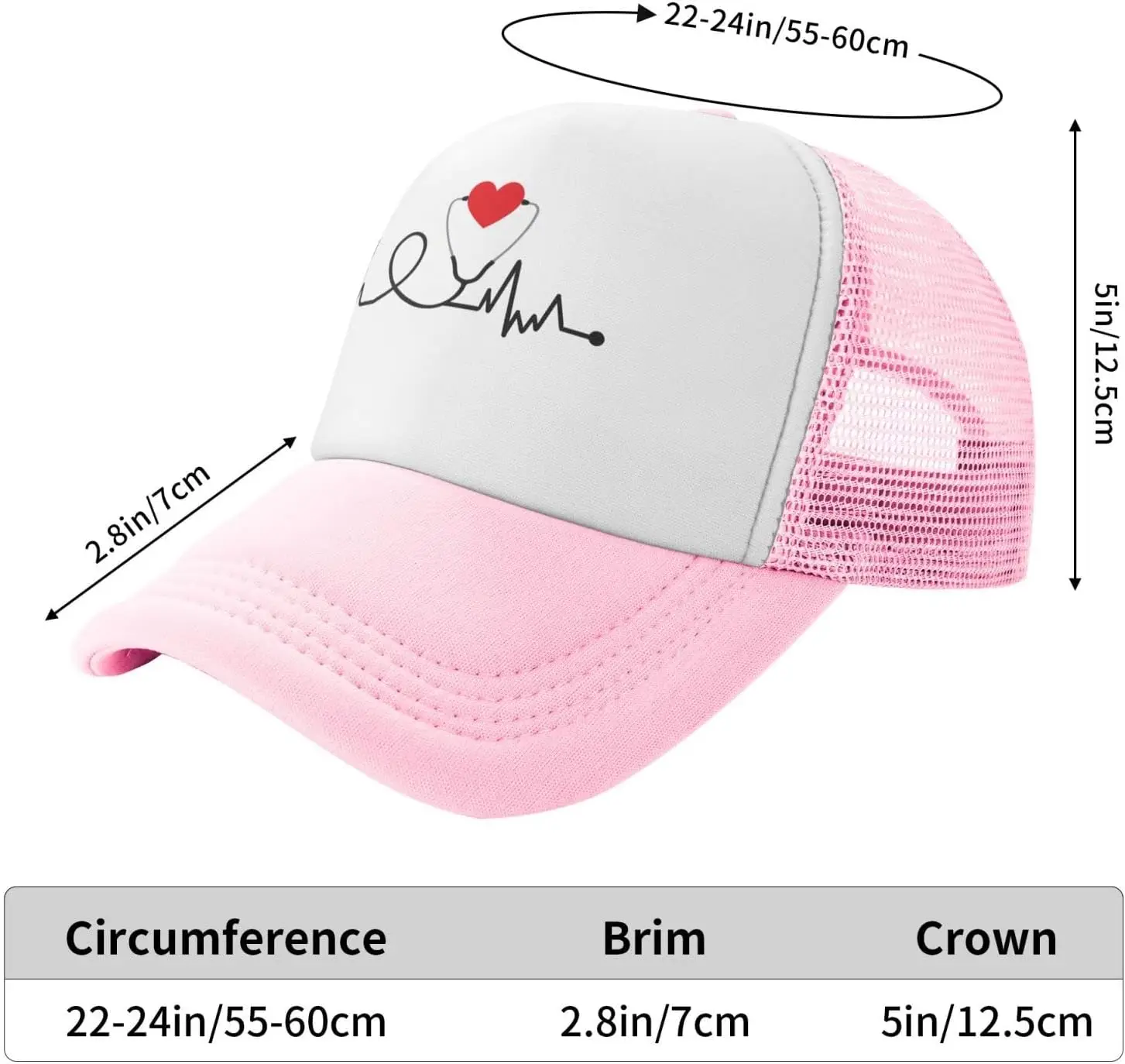 Nurse Stethoscope Heartbeat Hat Mesh Cap for Women Girls Adjustable Trucker Hat Baseball Cap Grid Spring Summer Breathable