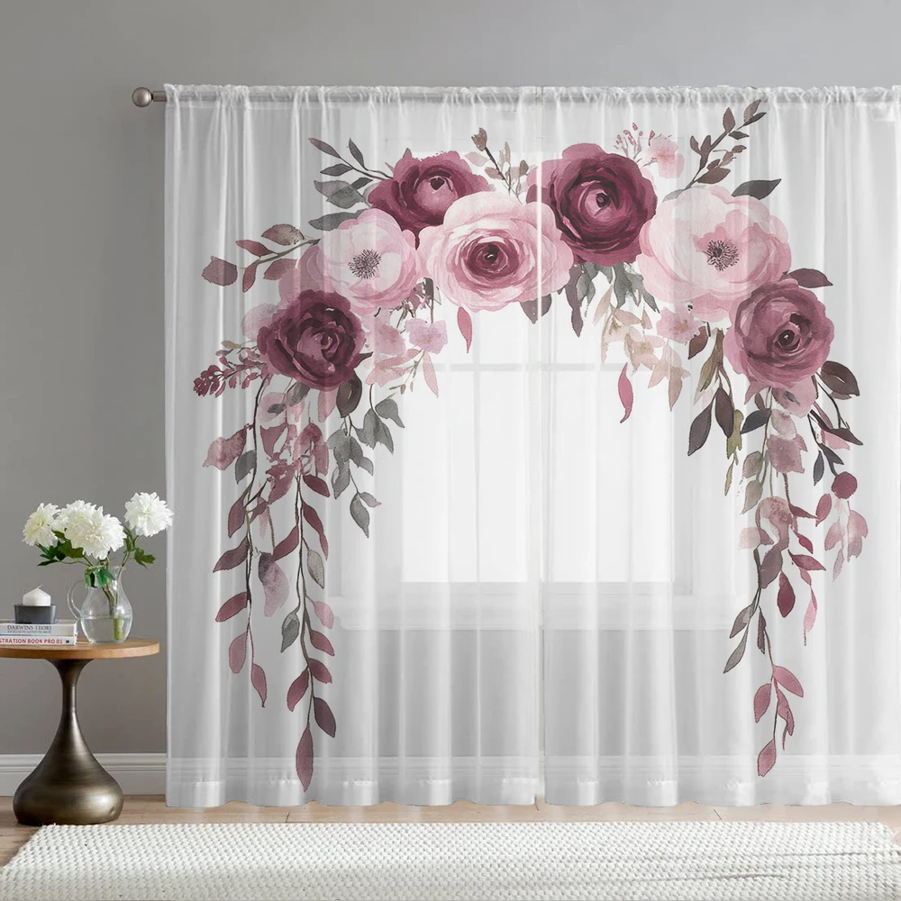 2PCS Home decoration purple pink floral printed window screens with pole bags, suitable for kitchens, cafes, and living rooms