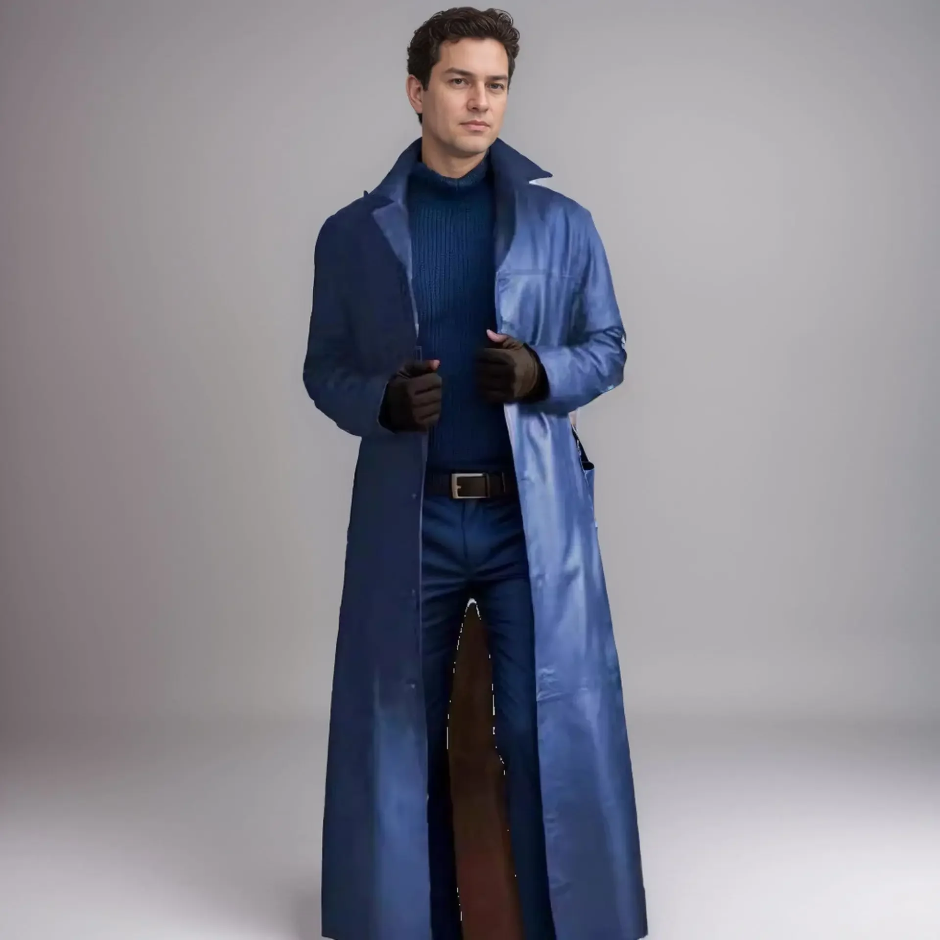Fashion New Men's PU Leather Trench Coat Long Jacket Spring Fall Winter Detective Cosplay Costume Gothic Moto Biker Punk Outwear