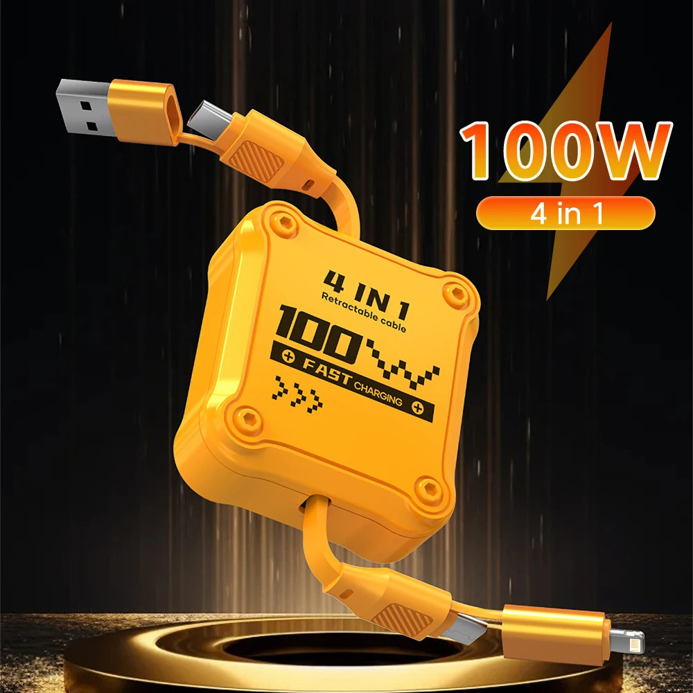 

4 in 1 100W USB Type C Fast Charging Retractable Data Cable Type C to USB C Phone Charger Cord For iPhone 15 Samsung