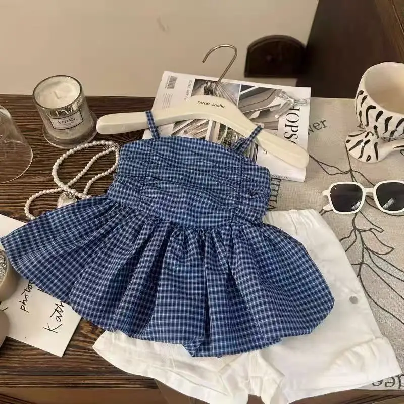 

Summer Plaid Halter Top And Shorts Set for Girls Trendy Children's Outfit Princess Style Top And Bottoms Combo