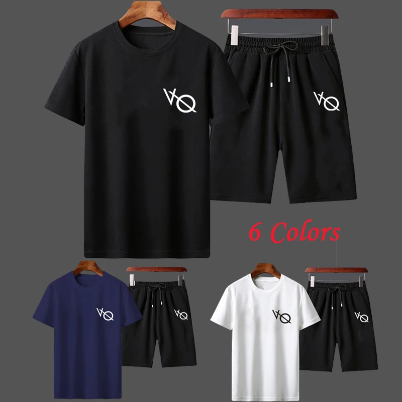 

Hot Summer Men's T-shirt Suits Short Sleeve Cotton T-shirt Short 2 Peices Set Tracksuits Jogging Suit 6 Color